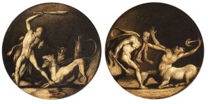 detto Giulio Romano (seguace di) (Roma, ca. 1499 - Mantova, 1546), a) Hercules with Cerberus; b) Hercules and the Centaur. Pair of grisaille paintings.