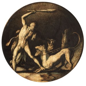 detto Giulio Romano (seguace di) (Roma, ca. 1499 - Mantova, 1546), a) Hercules with Cerberus; b) Hercules and the Centaur. Pair of grisaille paintings.