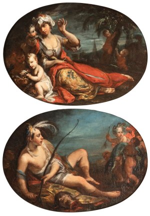 Giuseppe Antonio Ghedini (Ficarolo 1707 - Ferrara 1791), a) Allegory of Asia; b) Allegory of America. A pair of paintings.