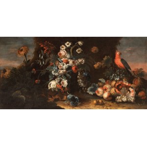 Aniello Ascione (attribuito a) (attivo a Napoli dal 1680 al 1708), Fruit and a vase of Flowers in a Landscape with a Parrot