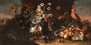 Aniello Ascione (attribuito a) (attivo a Napoli dal 1680 al 1708), Fruit and a vase of Flowers in a Landscape with a Parrot