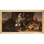 Aniello Ascione (attribuito a) (attivo a Napoli dal 1680 al 1708), Fruit and a vase of Flowers in a Landscape with a Parrot