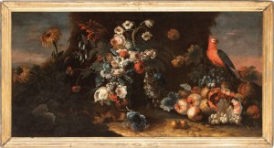 Aniello Ascione (attribuito a) (attivo a Napoli dal 1680 al 1708), Fruit and a vase of Flowers in a Landscape with a Parrot