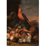 Aniello Ascione (attribuito a) (attivo a Napoli dal 1680 al 1708), Fruit and a vase of Flowers in a Landscape with a Parrot