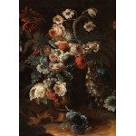 Aniello Ascione (attribuito a) (attivo a Napoli dal 1680 al 1708), Fruit and a vase of Flowers in a Landscape with a Parrot