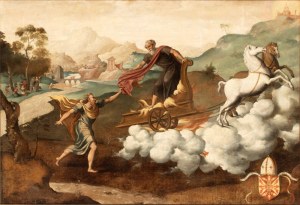 Maestro del figliol prodigo (attribuito a) (attivo ad Anversa nel secondo terzo del XVI secolo), Elijah taken up into Heaven