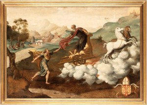 Maestro del figliol prodigo (attribuito a) (attivo ad Anversa nel secondo terzo del XVI secolo), Elijah taken up into Heaven