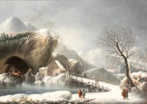 Francesco Foschi (Ancona 1710 - Roma 1780), Winter landscape with a bridge, house, cave, and travelers