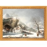 Francesco Foschi (Ancona 1710 - Roma 1780), Winter landscape with a bridge, house, cave, and travelers