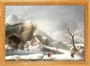 Francesco Foschi (Ancona 1710 - Roma 1780), Winter landscape with a bridge, house, cave, and travelers