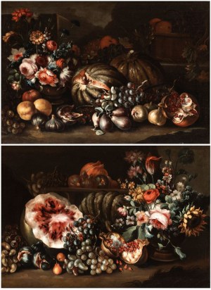 Maximilian Pfeiler (attribuito a) (attivo a Roma dal 1694 al 1721), a) Still life with watermelon, grapes, pomegranates, and flowers; b) Still life with pumpkin, figs, pears, and flowers. Pair of paintings.