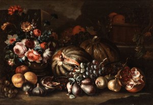 Maximilian Pfeiler (attribuito a) (attivo a Roma dal 1694 al 1721), a) Still life with watermelon, grapes, pomegranates, and flowers; b) Still life with pumpkin, figs, pears, and flowers. Pair of paintings.