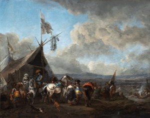 Philips Wouwerman (Haarlem 1619 - 1668), Encampment with horsemen and merchants