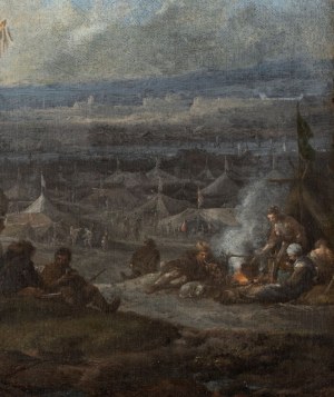 Philips Wouwerman (Haarlem 1619 - 1668), Encampment with horsemen and merchants