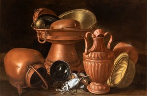 Giuseppe Ruoppolo (attribuito a) (Napoli 1631 - 1710), Still life with copper vessels, cuttlefish, and oysters