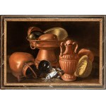 Giuseppe Ruoppolo (attribuito a) (Napoli 1631 - 1710), Still life with copper vessels, cuttlefish, and oysters
