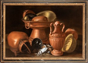 Giuseppe Ruoppolo (attribuito a) (Napoli 1631 - 1710), Still life with copper vessels, cuttlefish, and oysters