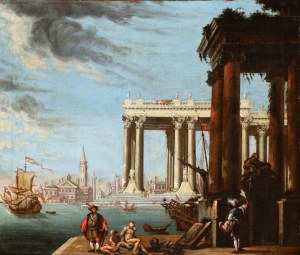 Artista attivo a Venezia, XVIII secolo, Architectural capriccio with figures and a seascape