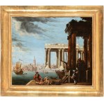 Artista attivo a Venezia, XVIII secolo, Architectural capriccio with figures and a seascape