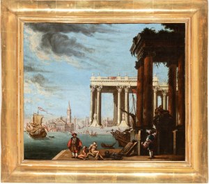 Artista attivo a Venezia, XVIII secolo, Architectural capriccio with figures and a seascape