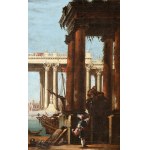 Artista attivo a Venezia, XVIII secolo, Architectural capriccio with figures and a seascape