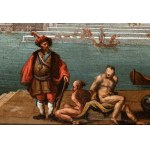 Artista attivo a Venezia, XVIII secolo, Architectural capriccio with figures and a seascape