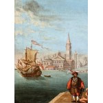 Artista attivo a Venezia, XVIII secolo, Architectural capriccio with figures and a seascape