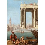 Artista attivo a Venezia, XVIII secolo, Architectural capriccio with figures and a seascape