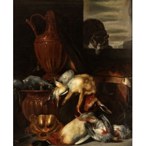 Artista fiammingo, XVII secolo, Still life with game, cat, and metalware