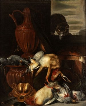 Artista fiammingo, XVII secolo, Still life with game, cat, and metalware