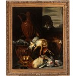 Artista fiammingo, XVII secolo, Still life with game, cat, and metalware