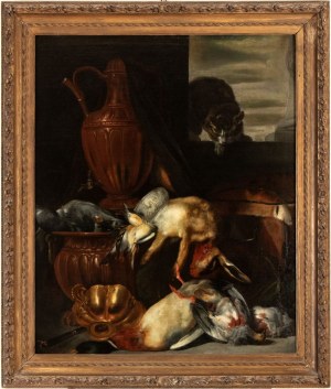 Artista fiammingo, XVII secolo, Still life with game, cat, and metalware