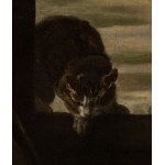 Artista fiammingo, XVII secolo, Still life with game, cat, and metalware