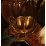 Artista fiammingo, XVII secolo, Still life with game, cat, and metalware