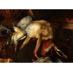 Artista fiammingo, XVII secolo, Still life with game, cat, and metalware