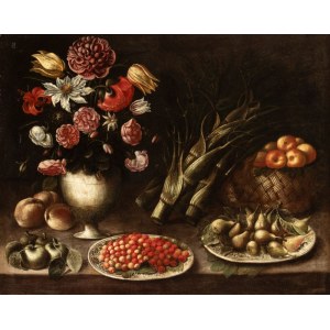 Artiste actif à Rome, XVIIe siècle, Nature morte aux fruits, fleurs et légumes