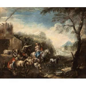 Domenico Brandi (Napoli 1684 - 1736), Famiglia di pastori con gregge in un paesaggio