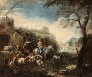 Domenico Brandi (Napoli 1684 - 1736), Family of Shepherds with a Flock in a Landscape