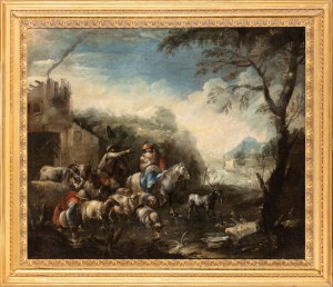 Domenico Brandi (Napoli 1684 - 1736), Family of Shepherds with a Flock in a Landscape