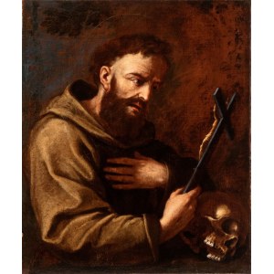 Artista emiliano, XVII secolo, Saint Francis in adoration of the crucifix