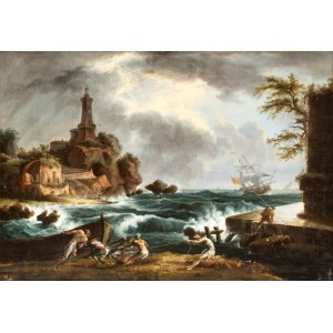 Claude Joseph Vernet (disciple de) (Avignon, 1714 - Paris, 1789), Paysage marin orageux avec des pêcheurs
