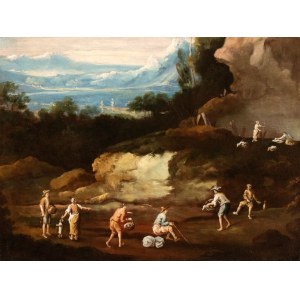 Artista veneto, XVIII secolo, Landscape with a group of peasants