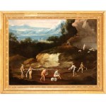 Artista veneto, XVIII secolo, Landscape with a group of peasants