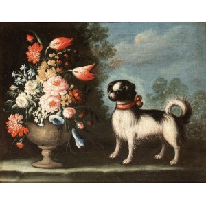 Artista emiliano, XVIII secolo, Vase of Flowers with a Small Dog