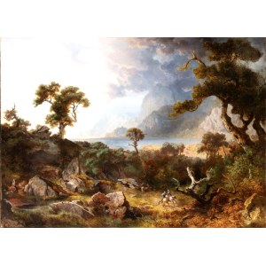 Heinrich Heinlein (Nassau 1803 - Monaco 1885), Lake landscape with a wooded area and horsemen