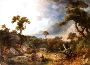 Heinrich Heinlein (Nassau 1803 - Monaco 1885), Lake landscape with a wooded area and horsemen