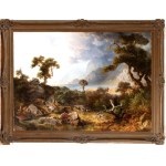 Heinrich Heinlein (Nassau 1803 - Monaco 1885), Lake landscape with a wooded area and horsemen
