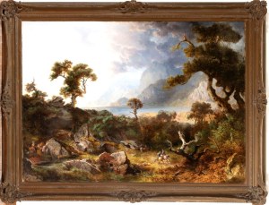 Heinrich Heinlein (Nassau 1803 - Monaco 1885), Lake landscape with a wooded area and horsemen
