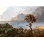 Heinrich Heinlein (Nassau 1803 - Monaco 1885), Lake landscape with a wooded area and horsemen