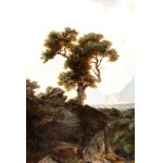 Heinrich Heinlein (Nassau 1803 - Monaco 1885), Lake landscape with a wooded area and horsemen